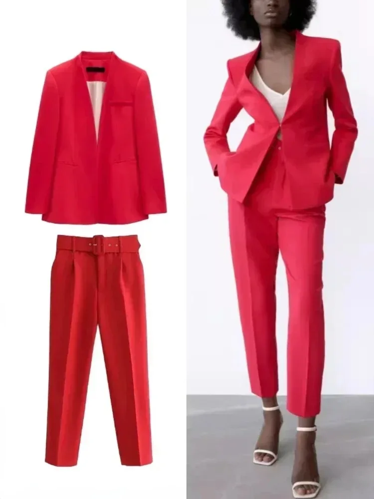 ZBZA Giacca da Donna con Scollo a V a Maniche Lunghe Giacca Blazer Aderente con Cintura Pantaloni Corti a Vita Alta Primavera Nuovi Abiti Pantaloni