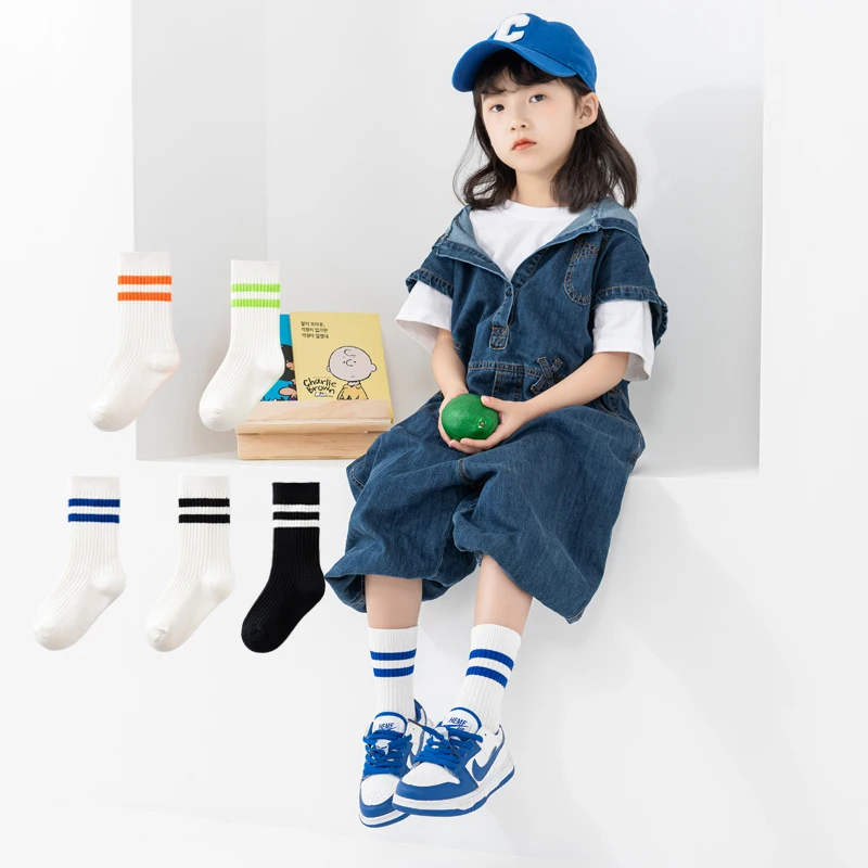 Children's Mid Length Socks Spring Autumn Thin Striped Two Bar White Cotton Socks Boys and Girls Elementary School Uniform Socks