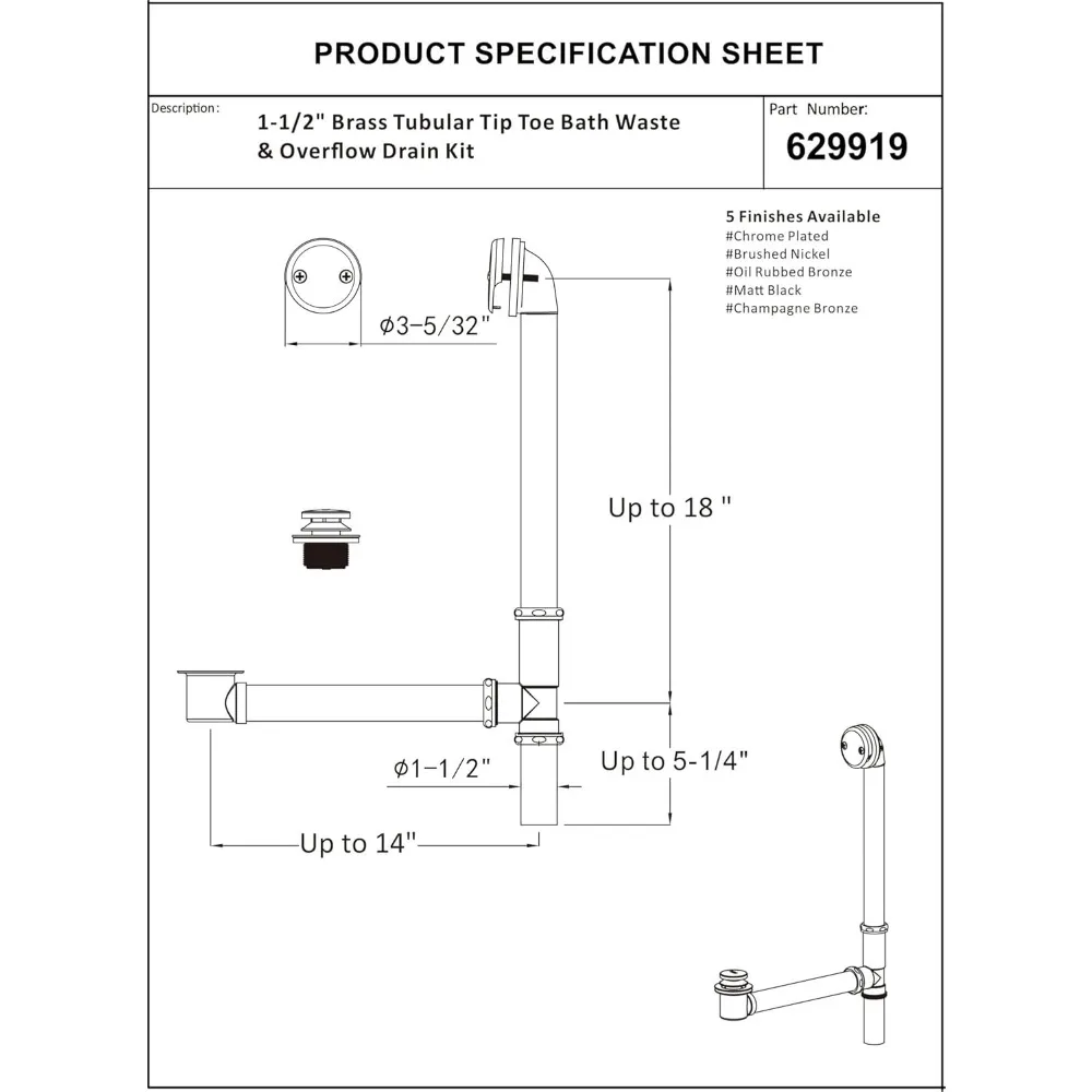 طقم تصريف حمام أنبوبي نحاسي مع سدادة لمس لأصابع القدم، 1-1/2 بوصة، مجموعة نفايات تصريف حوض الاستحمام ذات طرف أصابع القدم، سهلة التركيب للخفاش