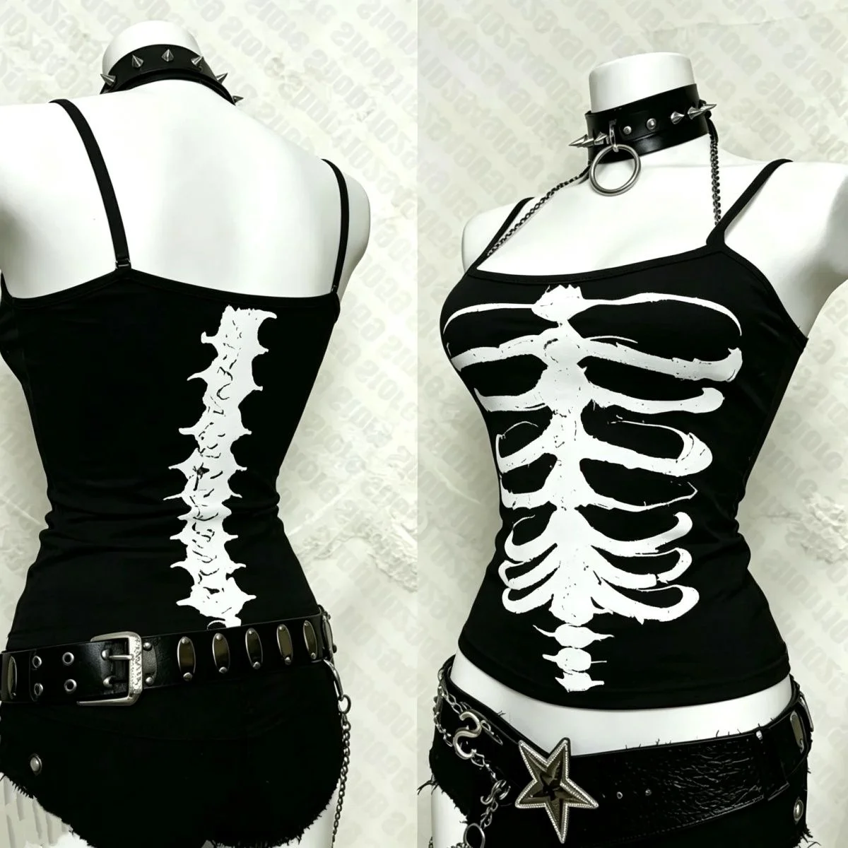 Y2K Gothic Alt Ärmelloses Crop Top Vintage Grunge Skelett Vorder- und Rückseite Grafik Slim Damen Skelett Rippenkorb Wirbelsäule Cami Tank Tops – Detail 4