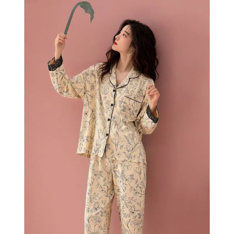 Pijama de manga comprida feminino, pijamas temperamentados, Homewear de renda doce, loungewear estampado leve, primavera e outono, 2023