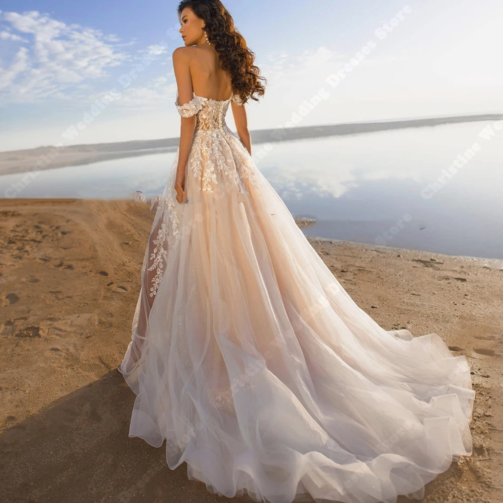 Böhmische Gabel Frauen Brautkleider ärmellose Spitze Aufkleber Brautkleider elegante Wisch länge Prinzessin Vestido de Novia