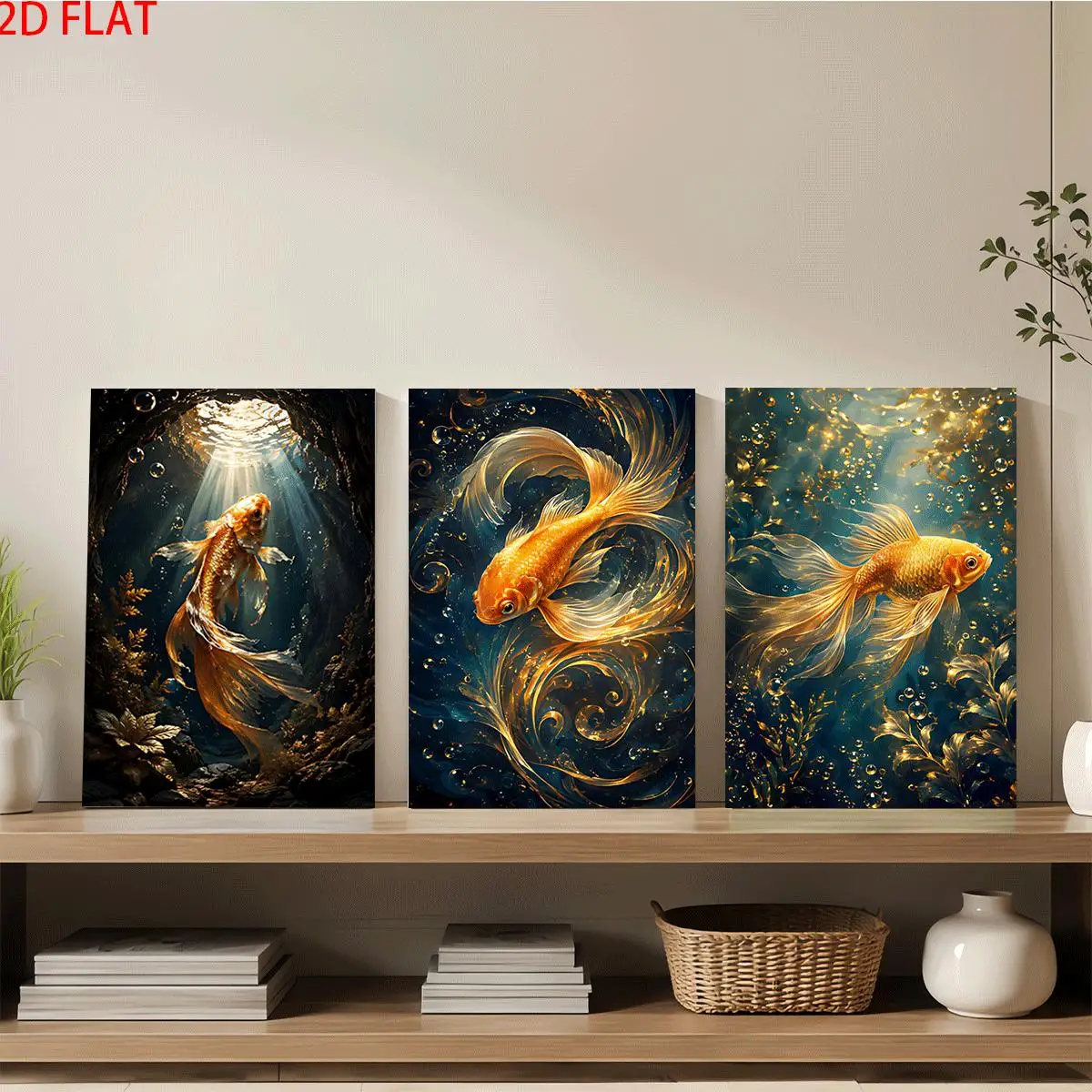 Frameless Canvas 2D Flat 3pc Wall Art – Three Paintings Of Golden Fish In Underwater Scenes With Bubbles And Light. Perfect F