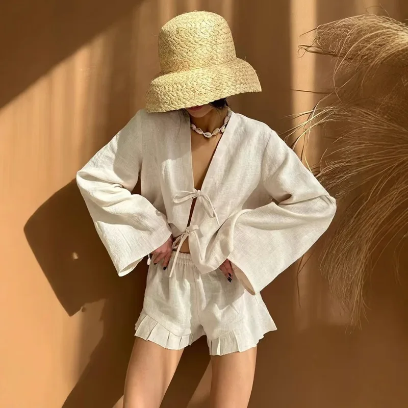 

Women's Natural Cotton Shorts Set Tie-up Top Shorts Pyjamas Clothing Set Loose Fit Casual Can Be Worn Outside The Home Home Wear