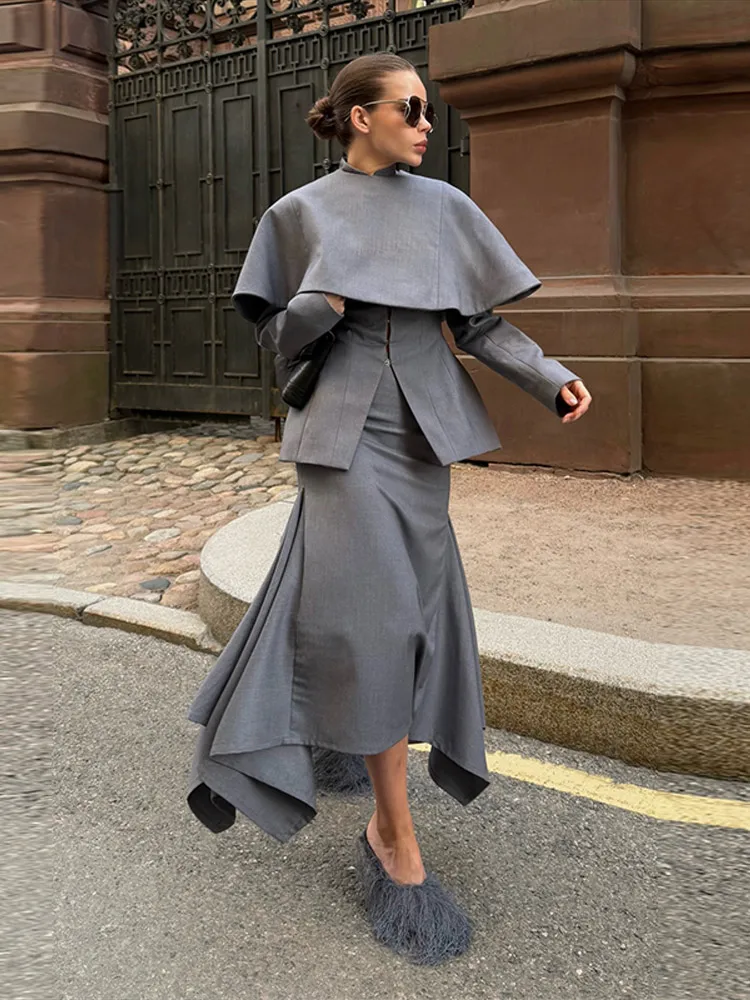 Elegant 3 Piece Outfit Cape Shawl Collar Fitted Blazer Jacket Asymmetrical Mermaid Long Skirt 2026 Autumn Office Lady Gray Suits