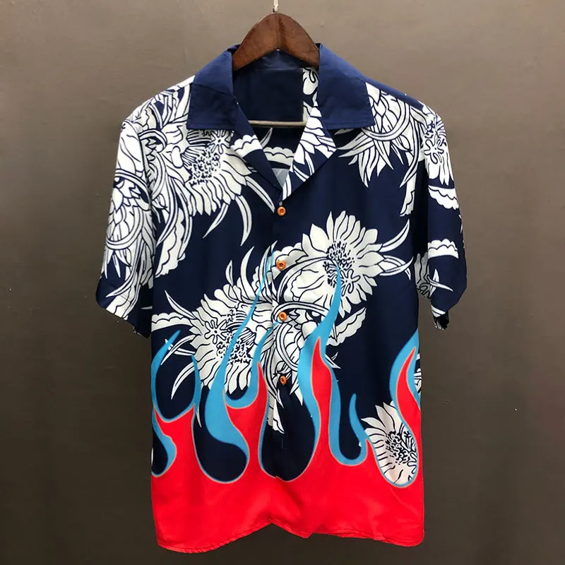 Summer Short Sleeve Color Contrast Flame Pattern Short Sleeve Shirt Camisa Hombre Loose Lapel Shirt Camisa Social Masculina Club