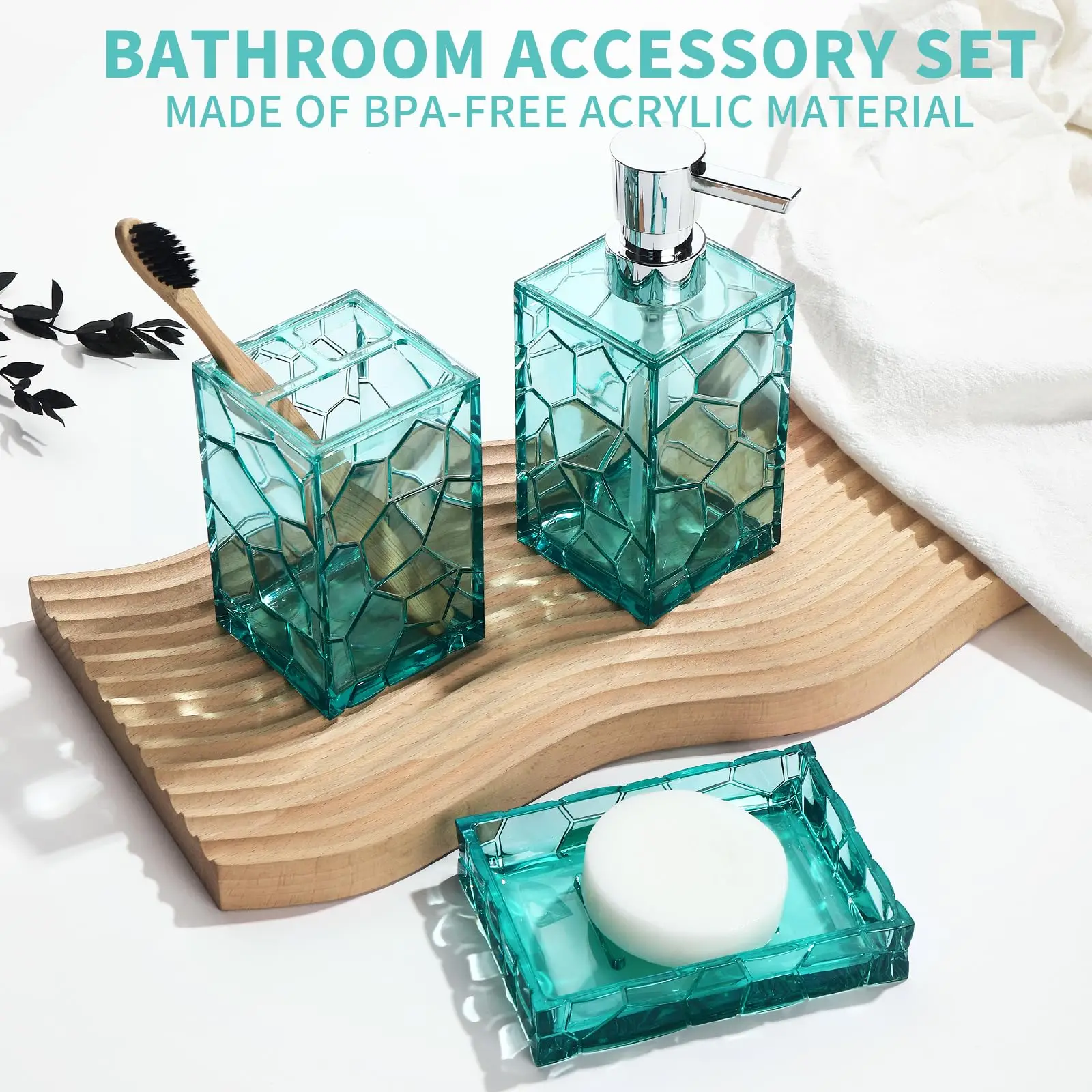 Acrylic Bathroom Accessories Set Rust-Free Transparent Design 4-Piece (Teal Blue)