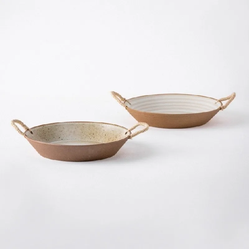 

Rustic Yellow Ribbed Ceramic Dish with Handwoven Rattan Double Handles Dinnerware High-Temperature Fired Double-Layer Painted