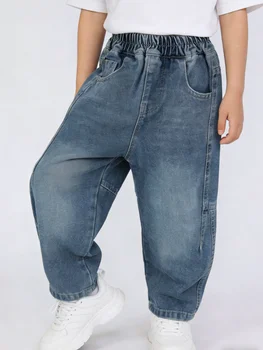 Boys Baggy Denim Jeans 2 Boys Light Blue Vintage Wash Denim Jeans Kids Paneled Loose Fit Baggy Pants Children Elastic Waist Casual Trousers 2026 New 2
