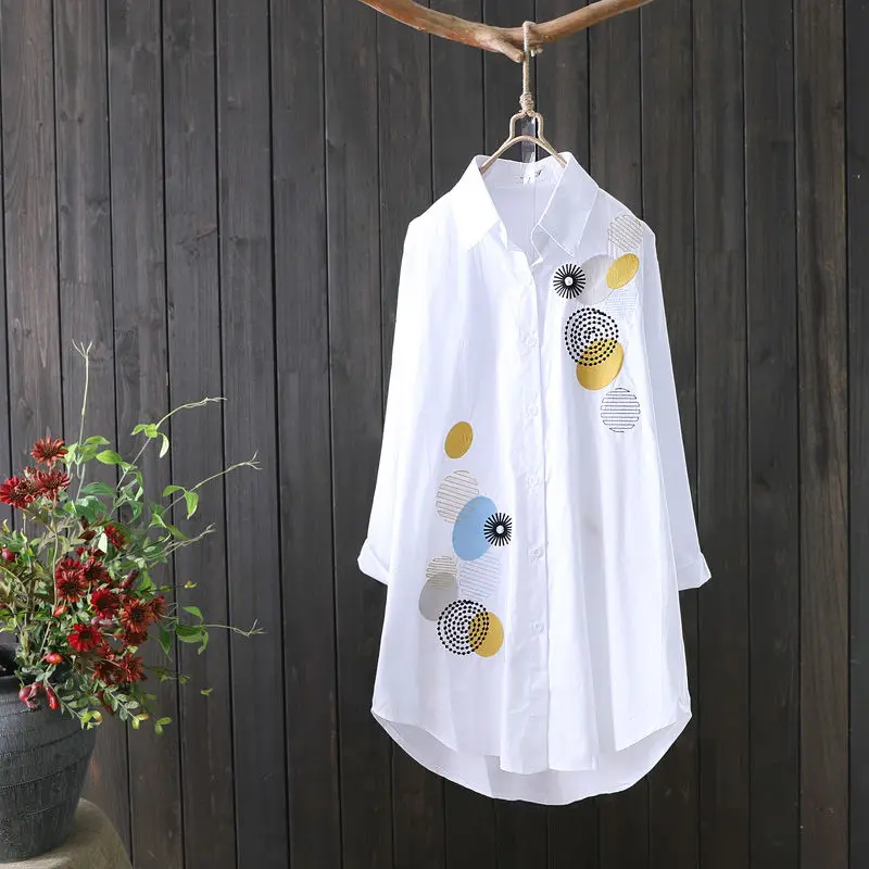 

Spring Autumn Round Neck Cotton Button Patchwork Cardigan Top Plus Size Mid-length White Embroidered Shirt Women's Long-sleeved