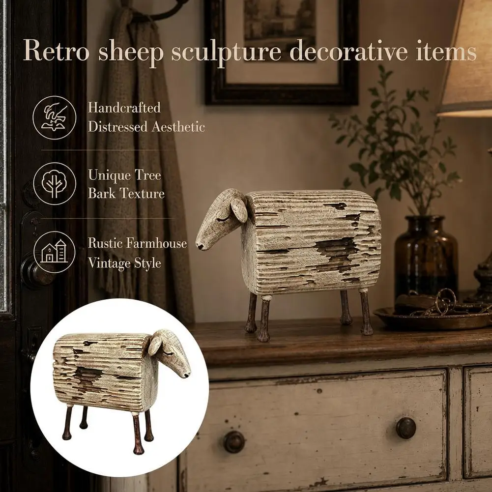 Vintage Resin Sheep Sculpture Ornament Distressed Rustic Bark‑Textured Figurine Stable Four‑Point Base Home Decoration