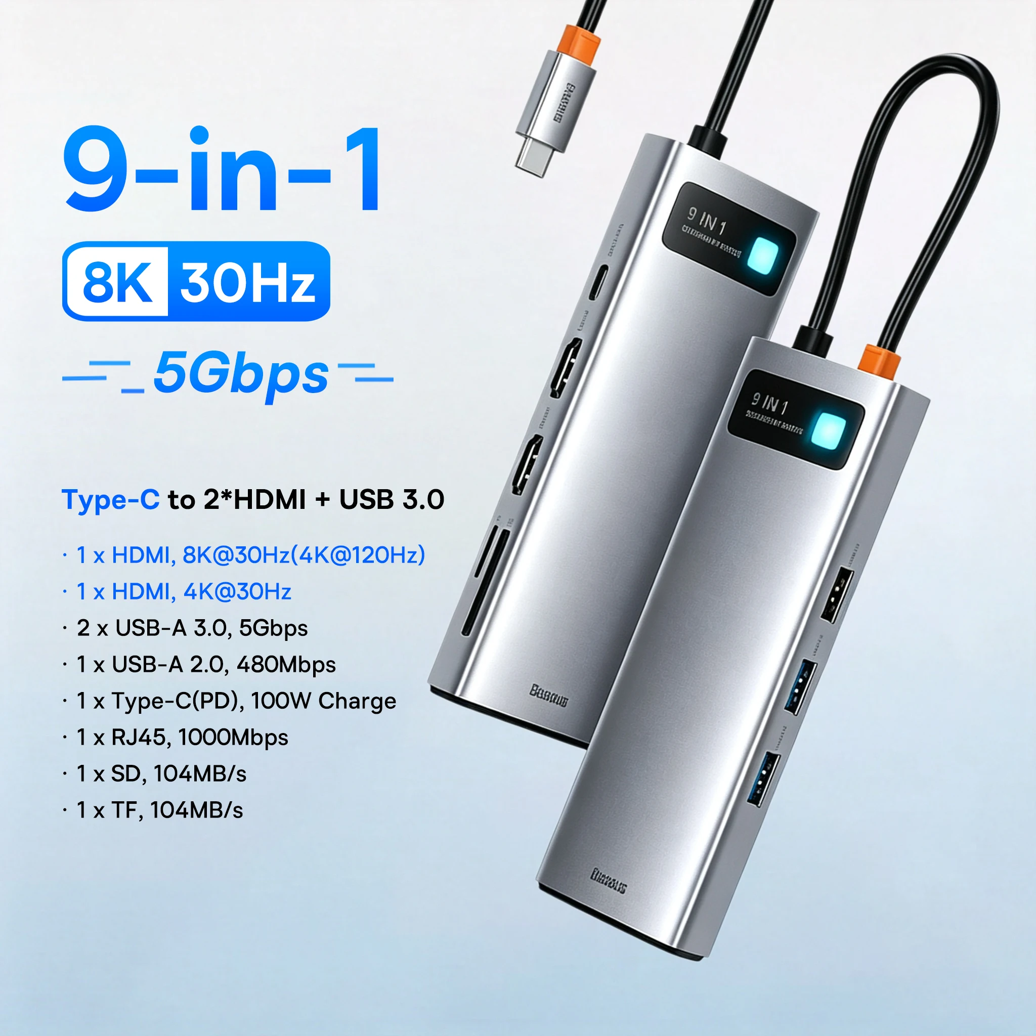 Baseus 13-in-1 USB-C hub naar 2x HDMI, 1x DP 4K@60Hz, 1x VGA, quad-display, USB 3.2 adapter met RJ45, SD, TF, 3.5mm, PD 100W Type-C hub