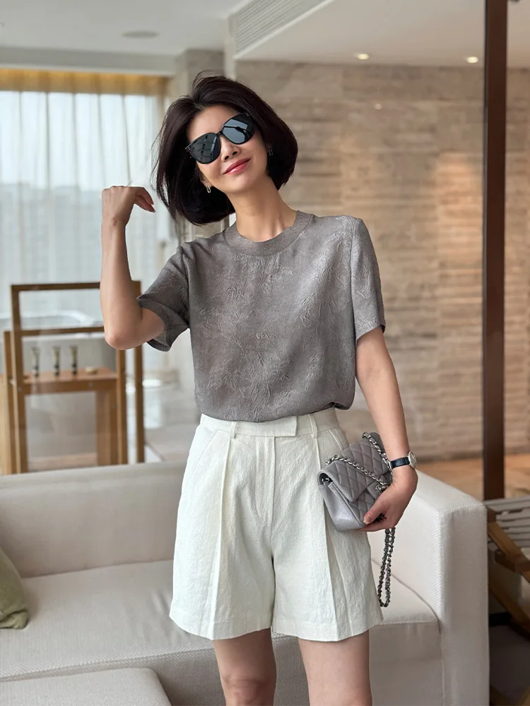 

Шелковая футболка Vi Water-Mark с круглым вырезом, высококачественная, 24 момме, с вышивкой, в новом китайском стиле, женская