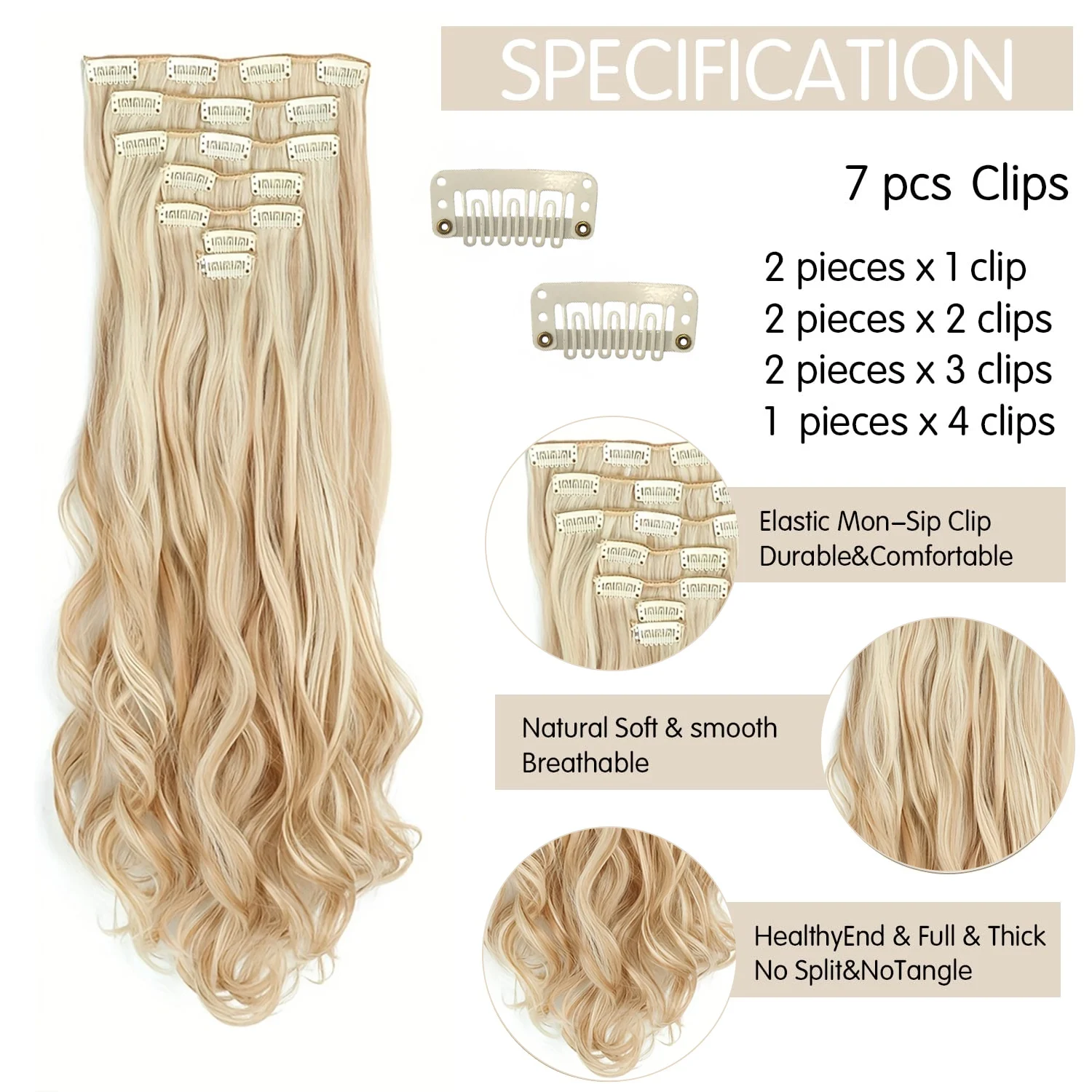 Clip In Hair Extensions 7PCS Full Head 22 Inch Long Curly Wavy Synthetic Hair Pieces Natural Wavy For Women Girls Hair