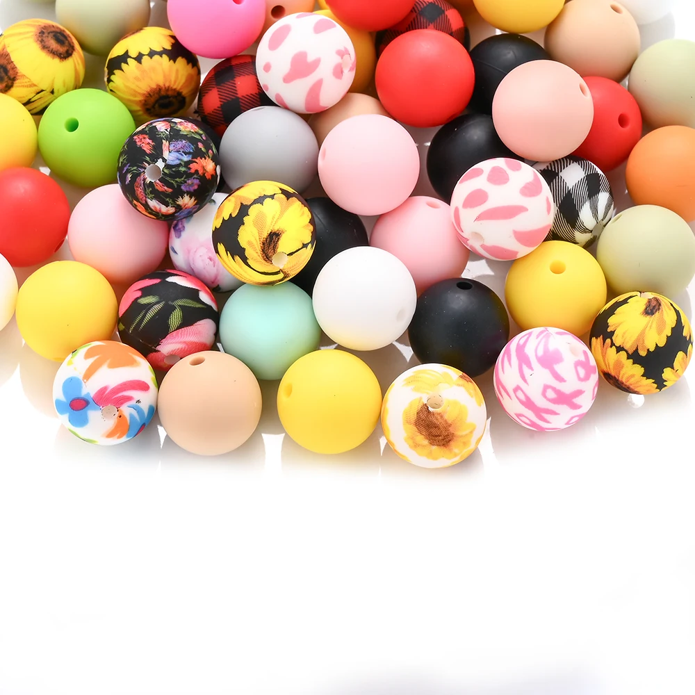 50Pcs 15mm Food Grade Silicone Printed Circular Combination Beads Teether Beads DIY Baby Pacifier Chain Clip Jewelry Accessory