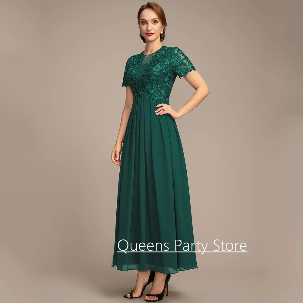 Kleid für die Brautmutter, individuell gestaltet, kurze Ärmel, Rundhalsausschnitt, Spitze, drapiert, A-Linie, Chiffon, Hochzeitsgastkleid, knöchellang