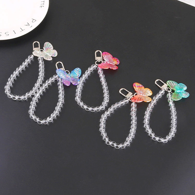 Colorful Acrylic Butterfly Bag Pendant Creative Bead Chain Keychain Y2K Butterfly Beaded Phone Lanyard Wrist Band Camera Charms