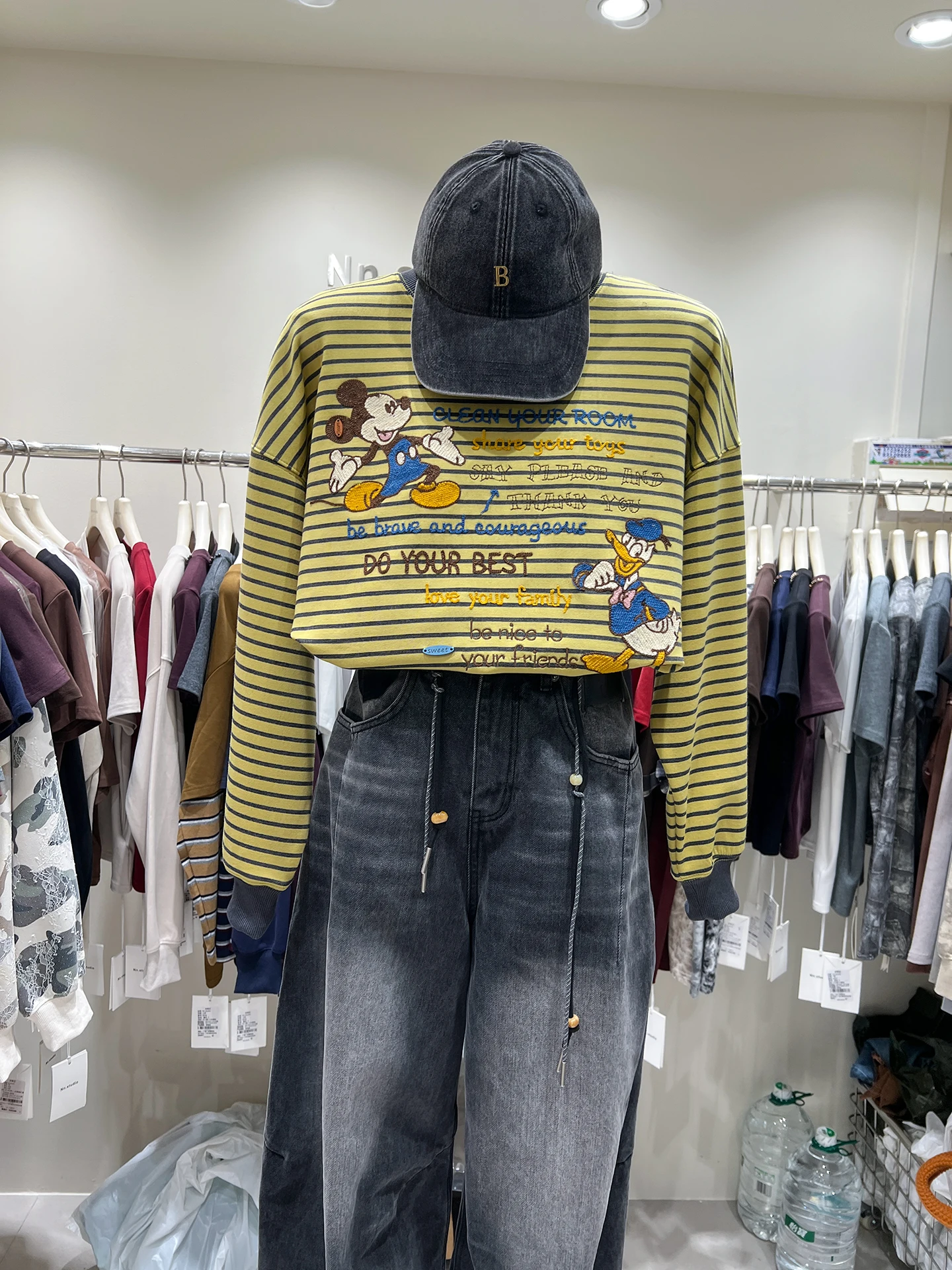 European Style Cartoon Sweatshirt for Women 2025 Autumn New Heavy Embroidery Round Neck Color Block Striped Print Top