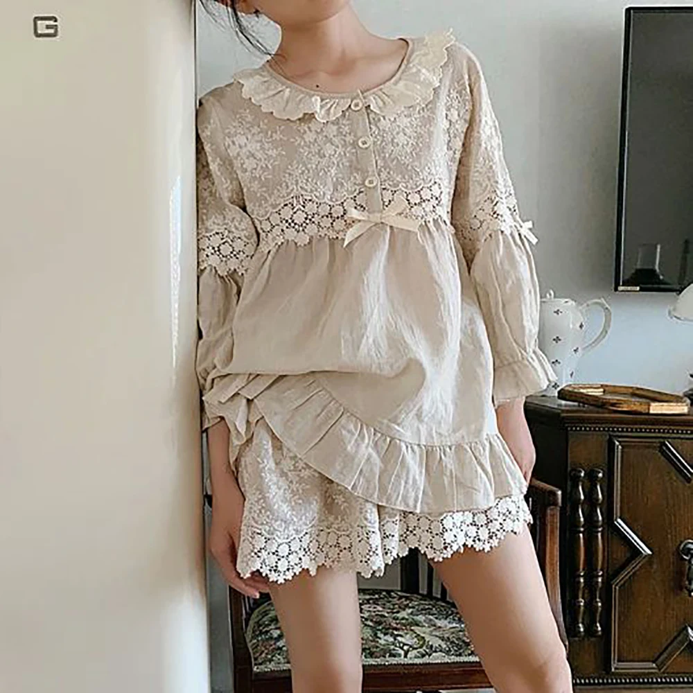 Summer Women\'s Flower Embroidery Linen Pajama Sets Tops+Shorts.Vintage Ladies Girl\'s Pyjamas set.Victorian Sleepwear Loungewear