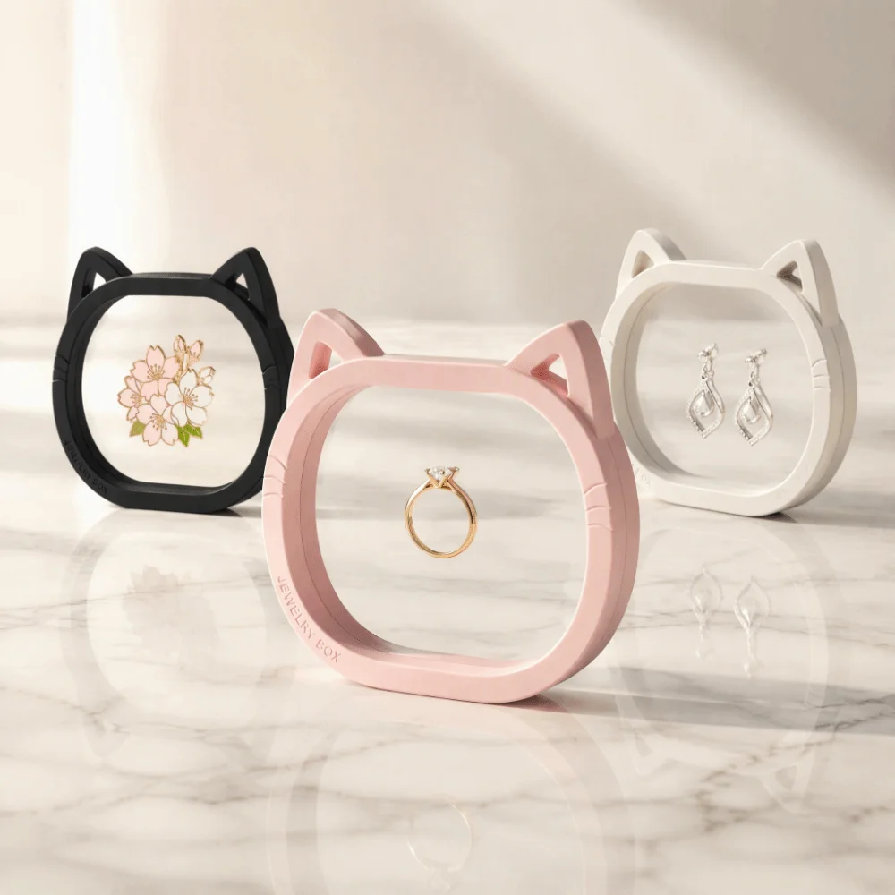 Cute Cat Ear Shaped Jewelry Boxes Transparent Dustproof Floating Storage Boxes Mini Portable Badge Coin Specimen Display Box