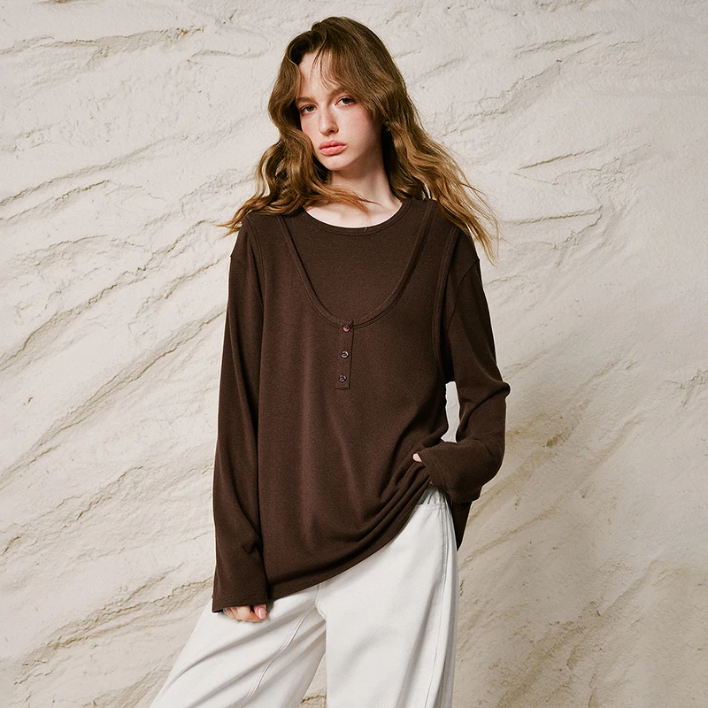 TOYOUTH Women T-shirt 2026 Winter New Fake Two Piece Deconstruct Henley Collar Faux Cashmere Loose Top