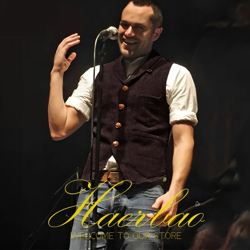 Khaki Men's Vest Herringbone Vintage Sleeveless Jacket Steampunk Single Breasted Waistcoat Slim Fit Groom Vests