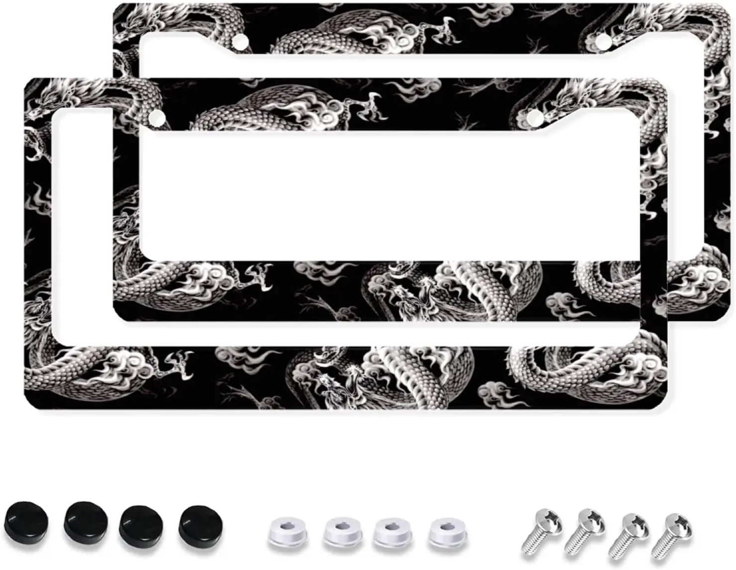 2 PCS Black White Chinese Dragons Print License Plate Frame Quality Aluminum Novelty License Plate for US Vehicles Standard