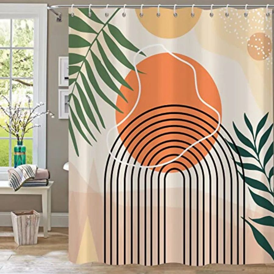 

Boho Abstract Mid Century Shower Curtain Set - Geometric Leaves Neutral Modern - Green Plant Eucalyptus - Arch Sun Bathroom Cur