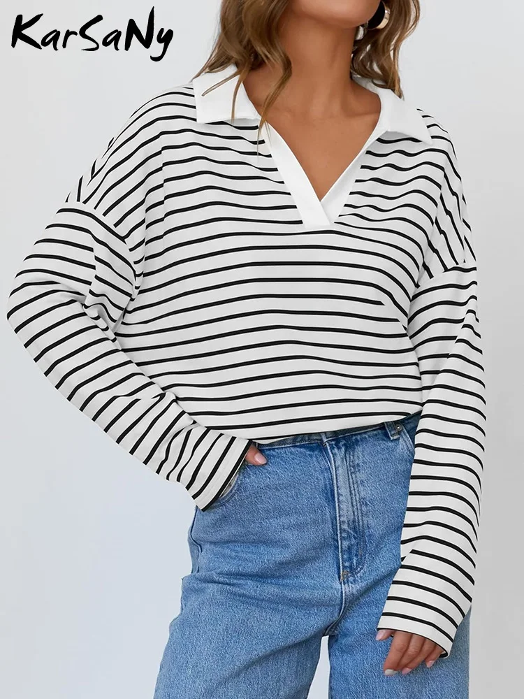 Autumn Women\'s Sweatshirts Oversized Striped T Shirt Long Sleeve Polo Sweatshirt Casual Loose Cotton Pullover For Women Lady Top