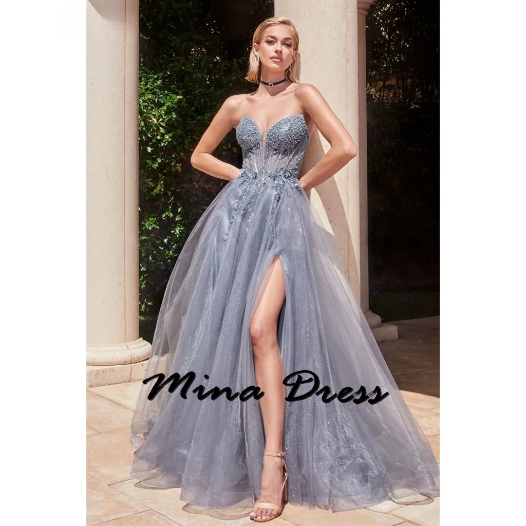 

Mina Customized Backless Evening Dresses Woman Elegant Party Dresses 2024 Sleeveless Sequined Strapless Slit Wedding Dress Es