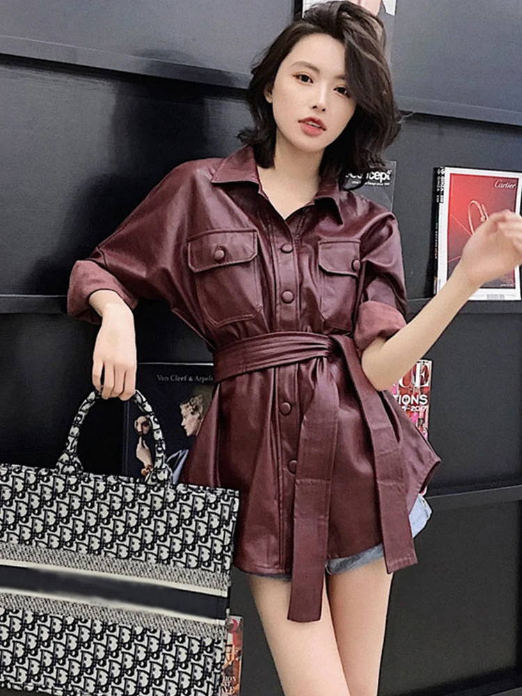 Spring Casual Vintage Mid-length Faux PU Leather Jacket With Belt Wine Red Black  Lapel Single-breasted Long Sleeve Female Coat