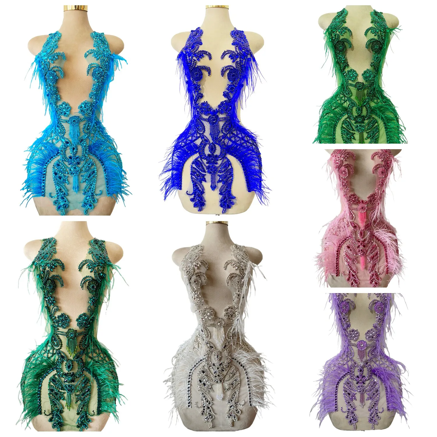 

18 Colors Handmade Diamond Ostrich Feather Accessories Material Beading Tassel Apparel Decoration Deep V Evening Dress Fabric