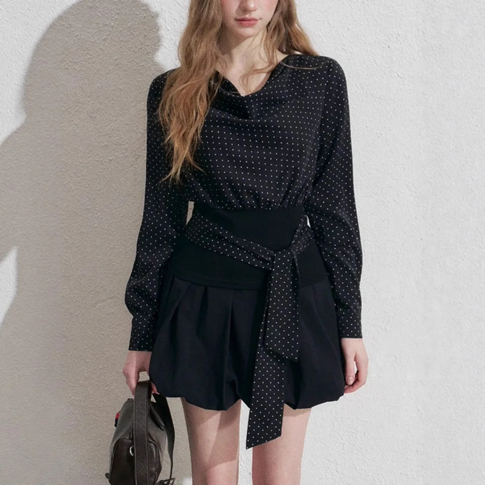 

Elegant Polka-dot Shirt Swing Collar Long Sleeve Black Shirt Women's Fashion Black Skirt Women's Clothing