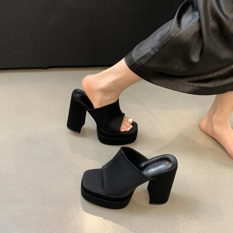 

12cm Chunky Heels Slippers Gold Platform Sandals Summer Ladies High Heel Shoes Punk Womens Slippers Black Sandalias De Mujer