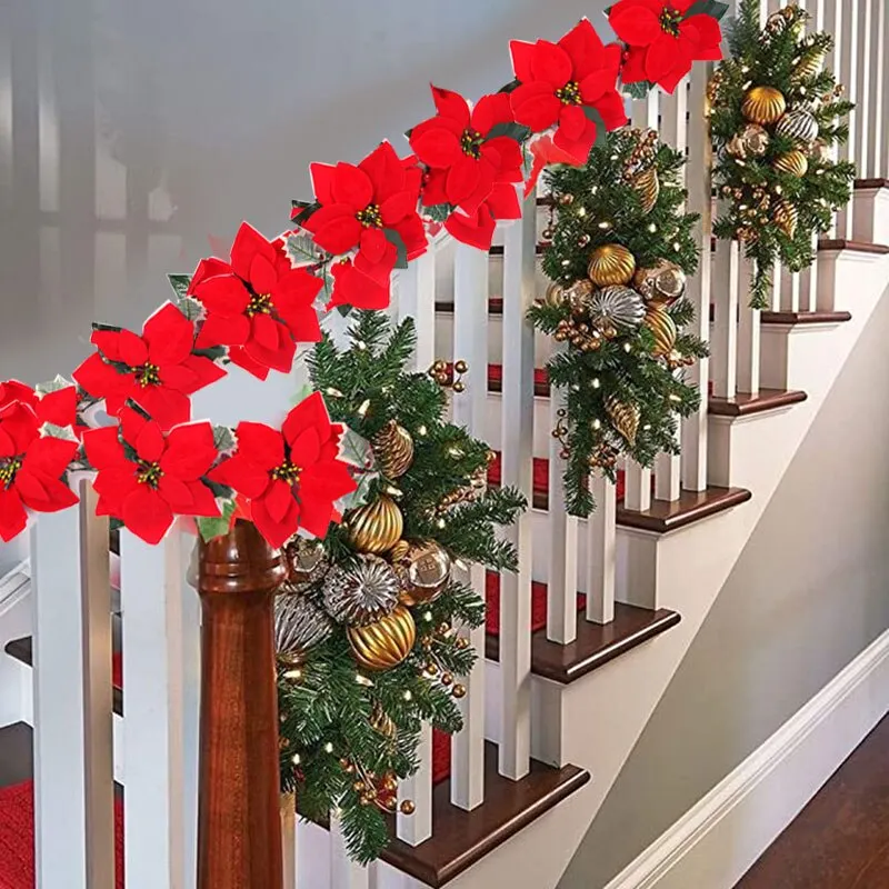 2/3m Xmas Artificial Ornament Christmas Poinsettia Flower Garland String Light Indoor Outdoor Party Home Decoration Navidad Noel