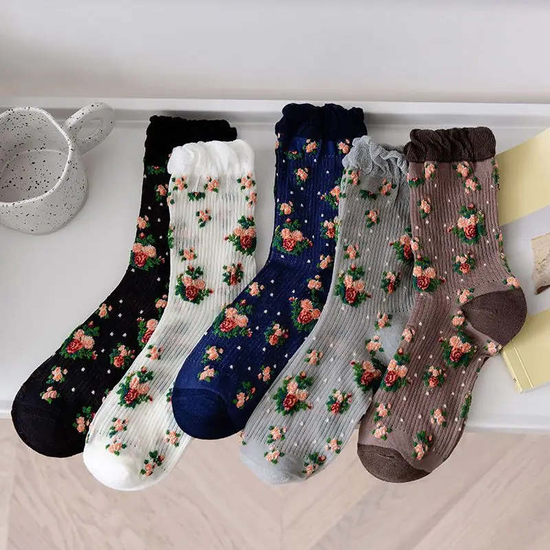 

5 Pairs Women's Socks Spring And Summer Thin Mid Tube Socks Sweat-absorbing Breathable Forest Style Flower Pile Socks Lace Style