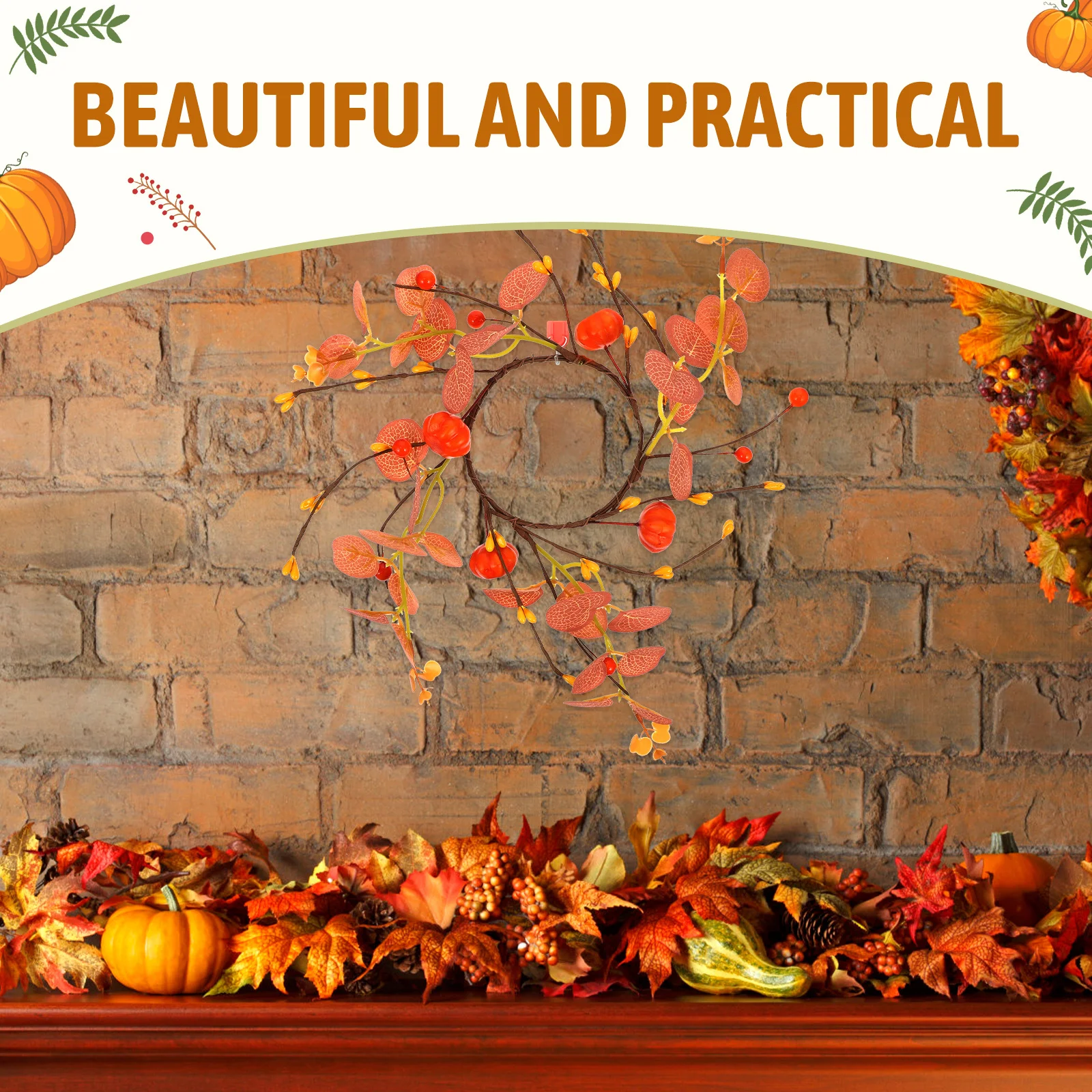 

Fall Ring Wreath Artificial Pumpkin and Eucalyptus Leaf Decorative Ring for Thanksgiving Party Table Setting
