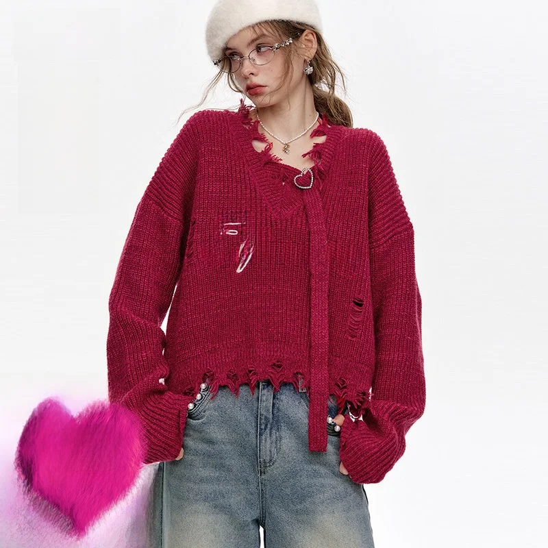 

Красный шерстяной свитер с вышивкой буквами V-Ne Long Sve ort Свободный крой новогодний женский топ Magic Girl Ro Sle