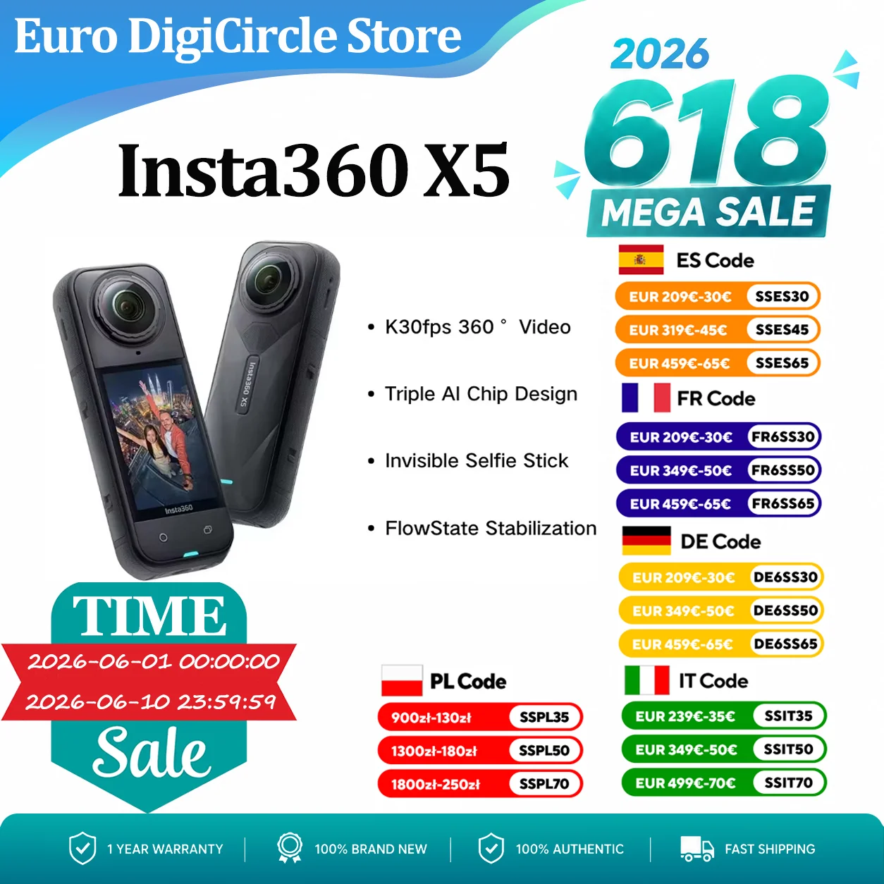 Caméra d'action étanche Insta360 X5 8K 360°, effet selfie stick invisible, autonomie de 3 heures, stabilisation, triple puce AI