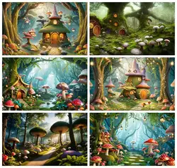 Laeacco Spring Enchanted Forest Backdrop Fairy Garden Tale Mushroom House Butterfly Kid Birthday Portrait Photography Background