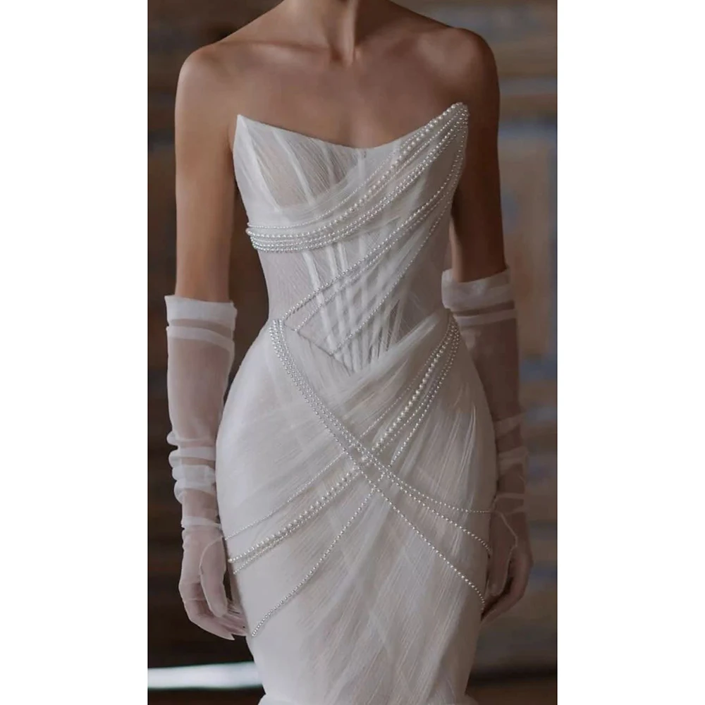 Luxury Mermaid Wedding Dress Strapless Beaded Satin Bridal Gown with Exquisite Pleated Detailing and Sweep Train