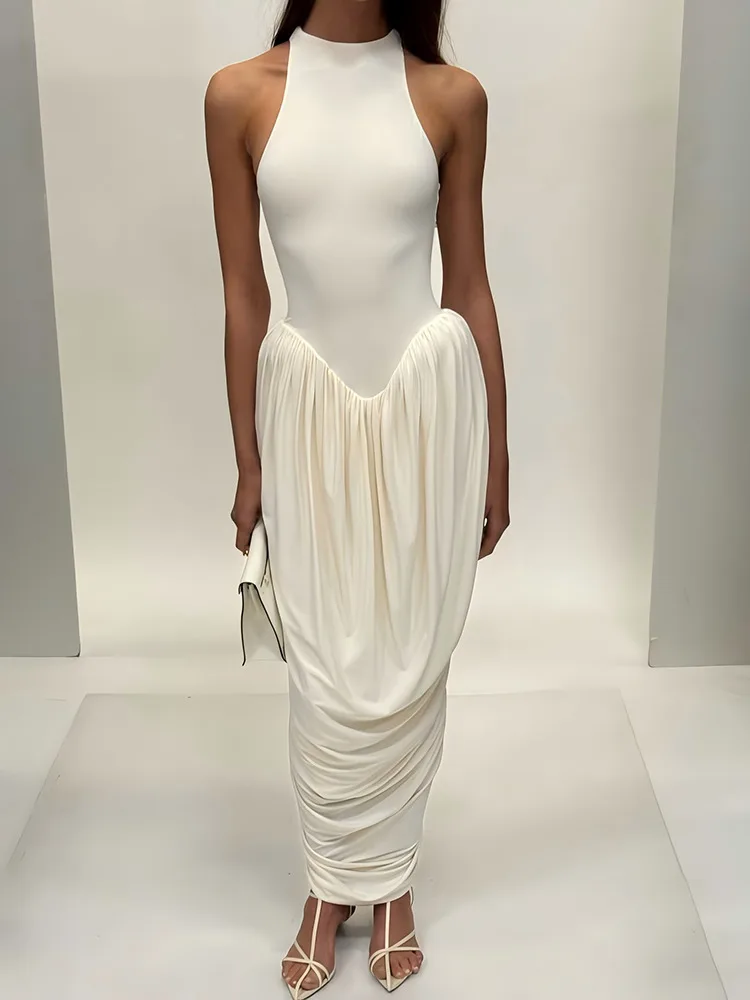 Apprabant Damen-Träger-Maxikleid mit Rüschen, O-Ausschnitt, ärmellos, rückenfrei, solide, figurbetont, langes Kleid, modisch, lässig, Partykleidung