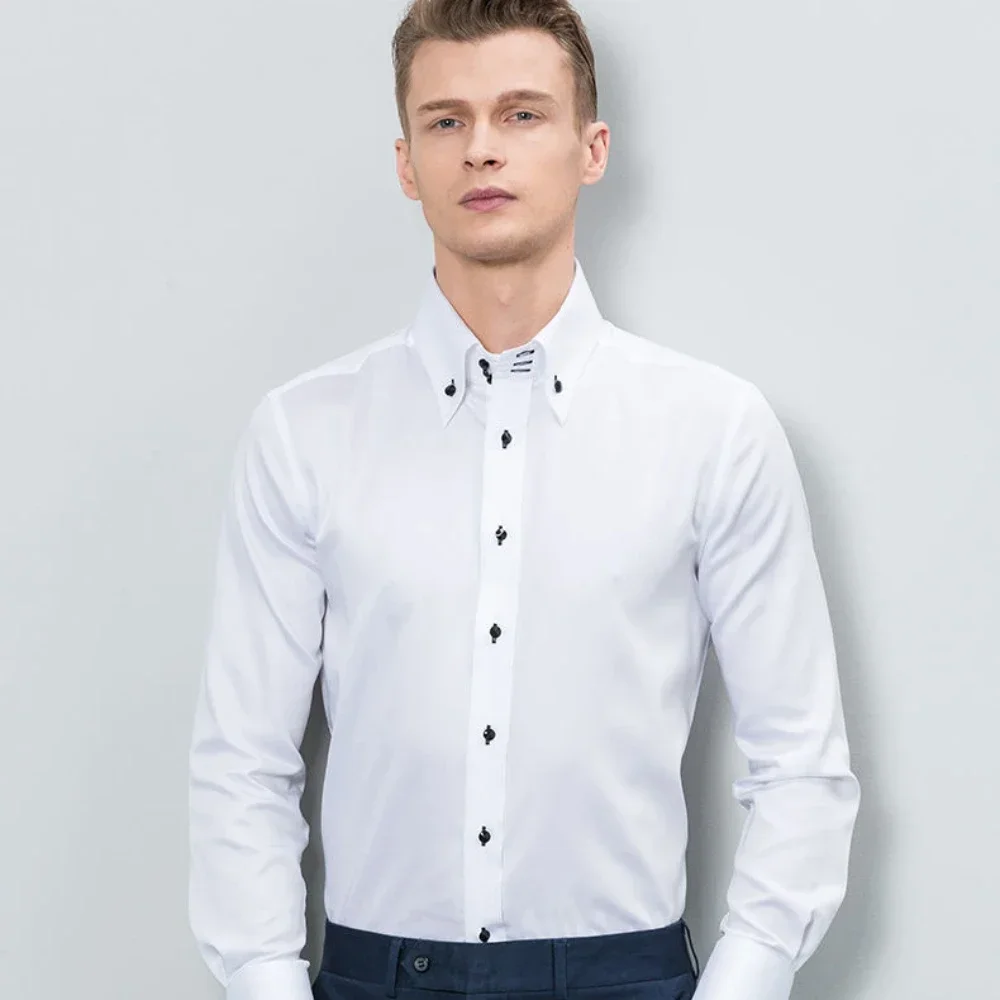 

Shirts for Men Long Sleeves Slim Fit White Shirts Male Fashion Casual Drill Buckle Turtleneck Shirt Office Business Dress Shirts