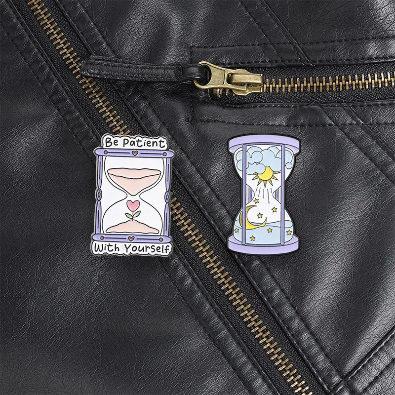 Day Night Hourglass Healing Enamel Pin, Sun Moon Sand Timer Brooch for Self Care and Patience Practice Everyday Casual Style