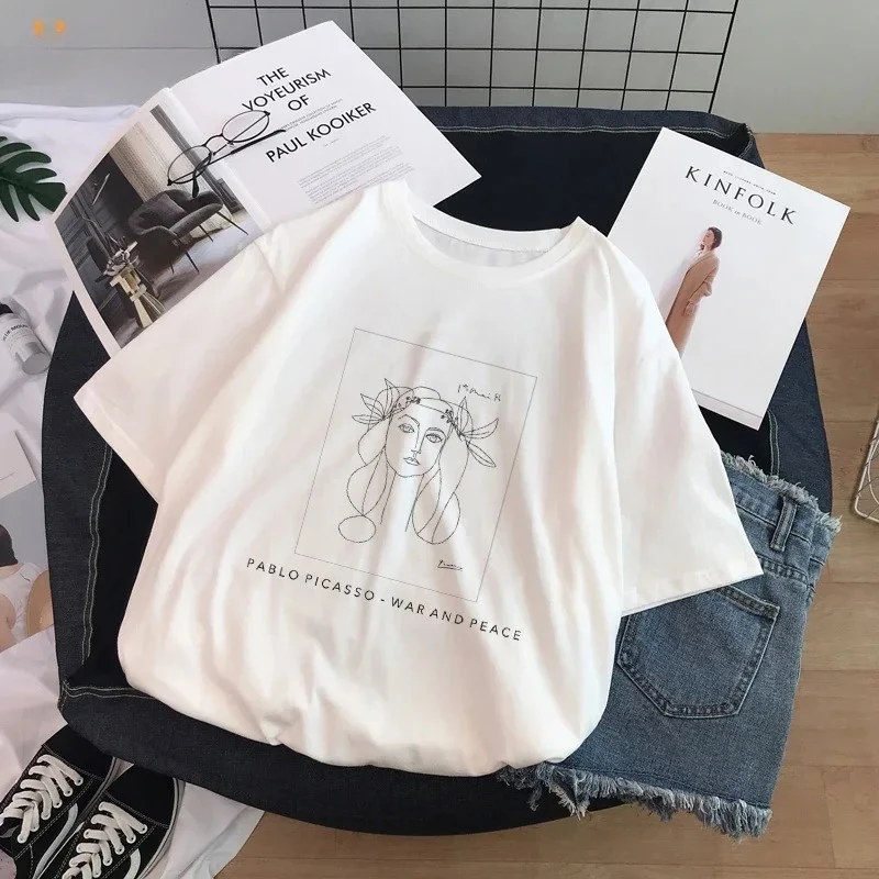 Women's Summer Casual Short Sleeve T-shirt Van Gogh Print Harajuku White Drug Fashion Pattern Graphic T Shirts Summer Streetwear