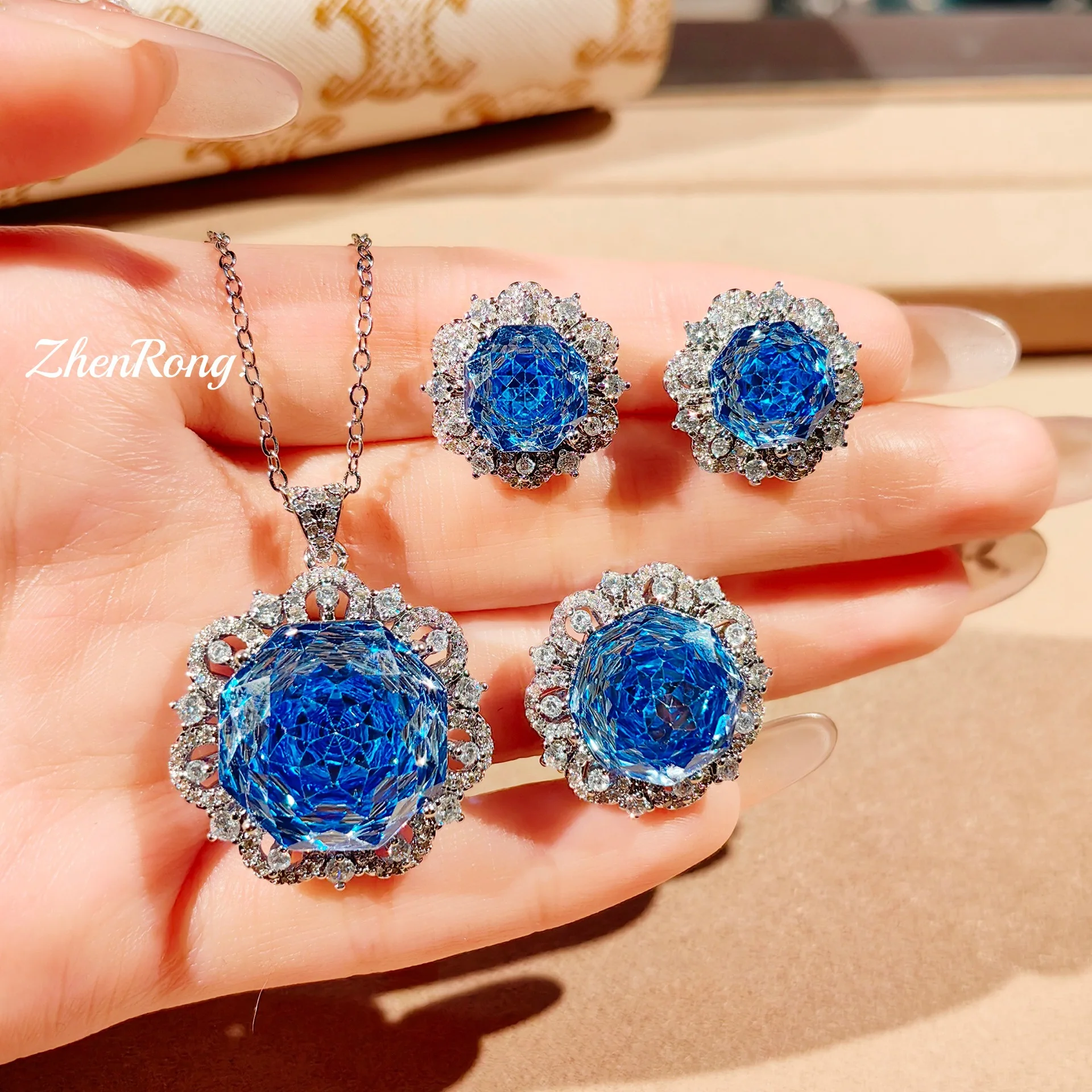 Sunflower Octagonal Rose Cut Necklace Rose Red High Carbon Diamond Earrings Sea Blue Ring Colorful Treasure Set for Women
