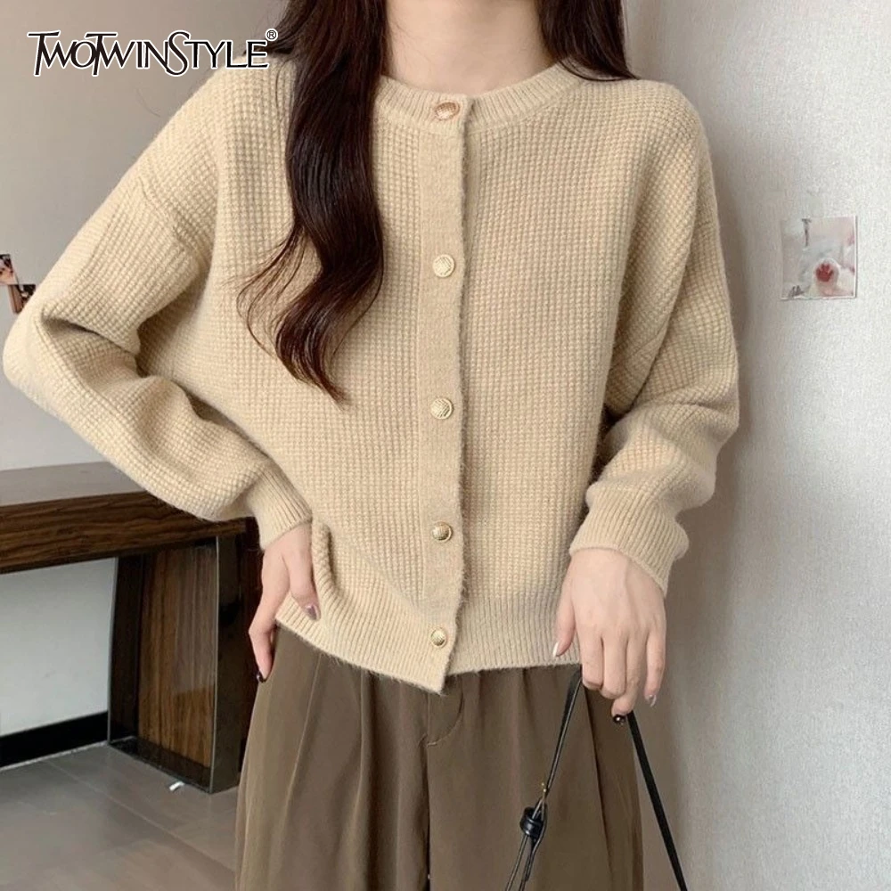 

TWOTWINSTYLE Khaki Spliced Single Breasted Cardigan Female O Neck Long Sleeve Loose Women's Cardigans Winter Style Fashion New