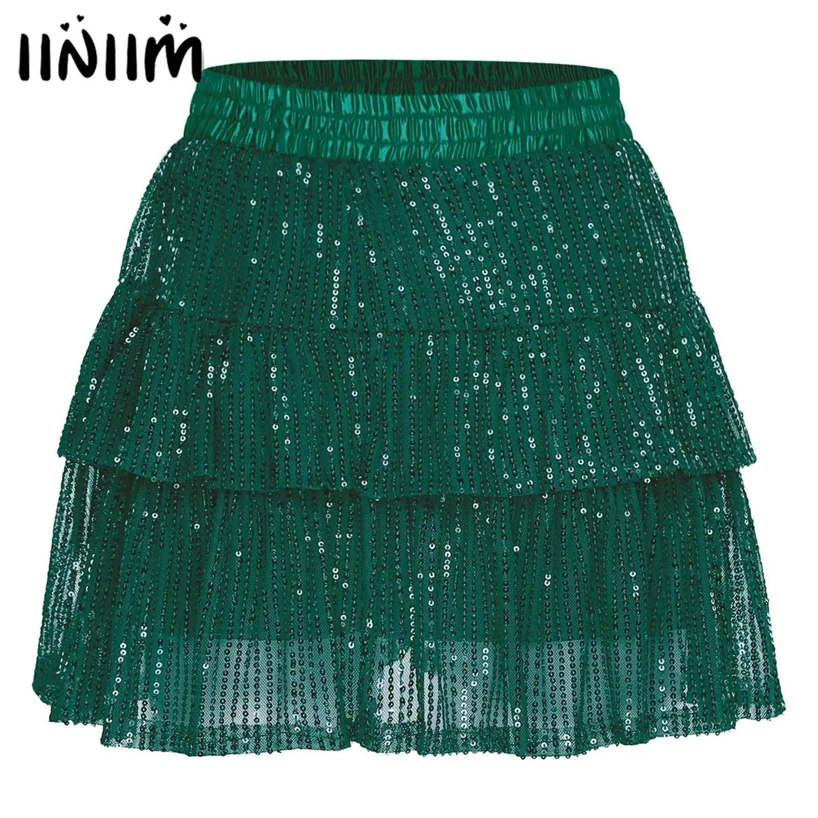 

Женская блестящая мини-юбка для чирлидинга с пайетками, многоярусным оборчатым подолом, эластичным поясом, короткая юбка с подкладкой для танцев, рейвов и клубной одежды