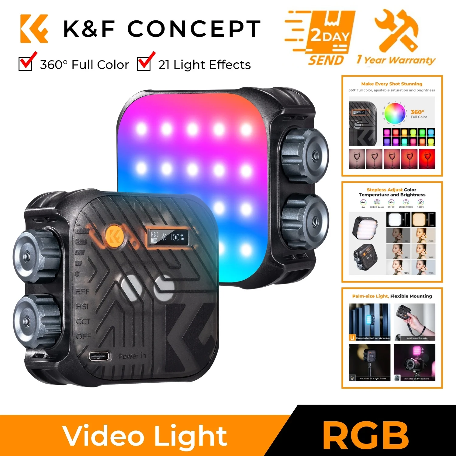 

K&F Concept RGB LED Video Light 2000mAh Rechargeable 2500K-9900K CRI 96+ 360° Full Colors Camera Light For Photography Selfie