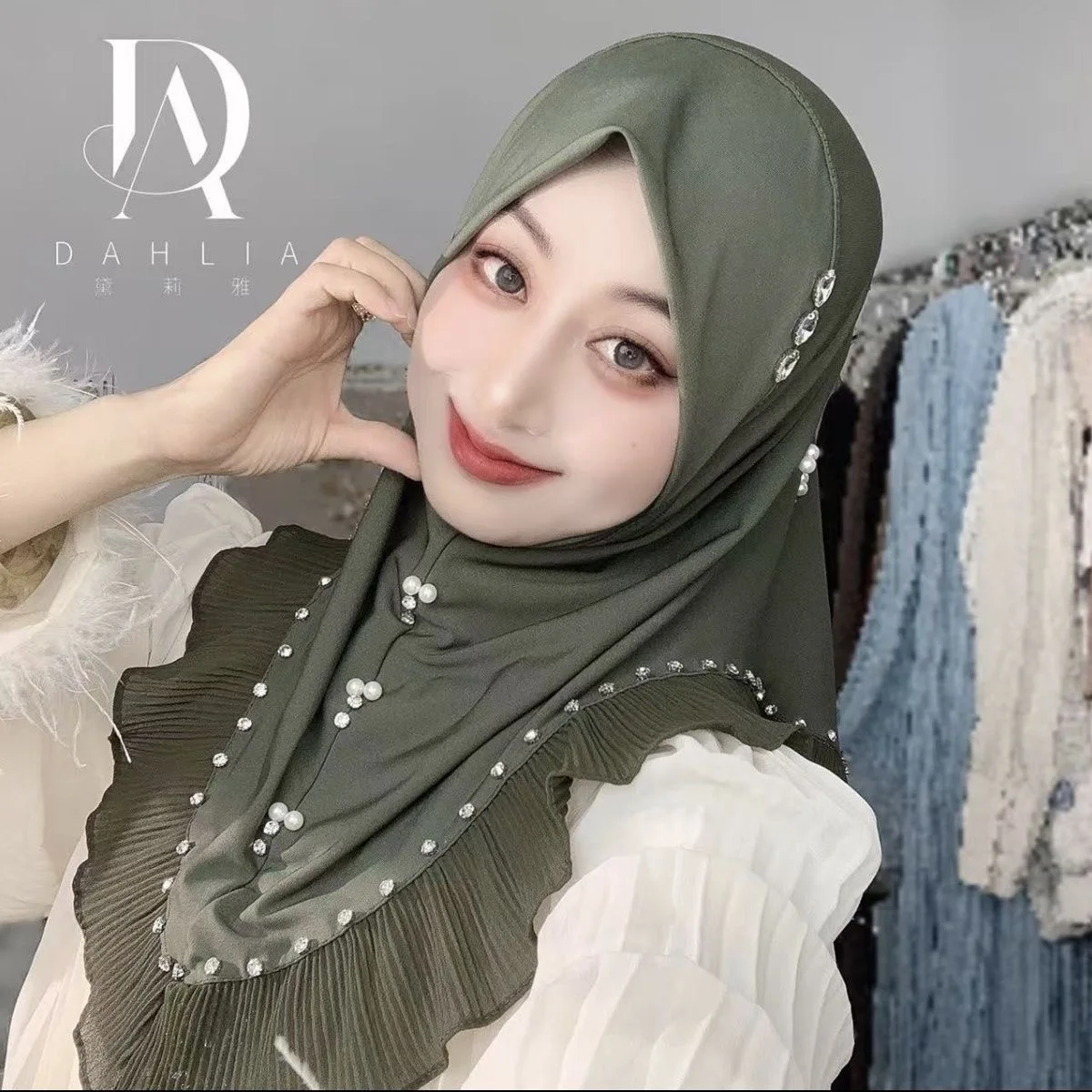 Ruffled Moslem Hijab Instant Ready to Wear Elegant Girls Headscarf 4